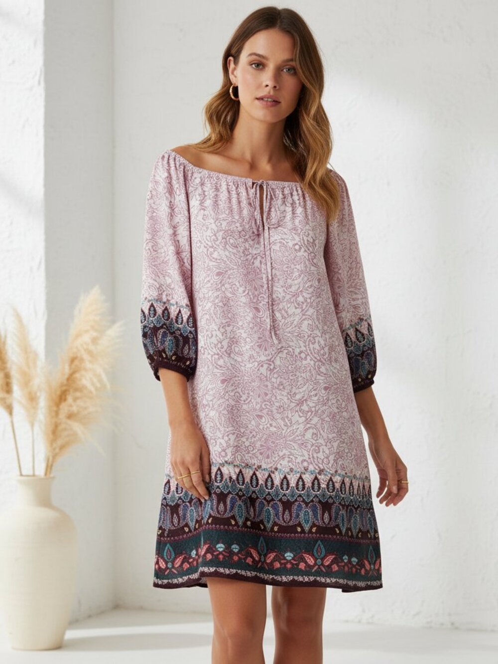 Loft S Lavender Blue Cream Paisley Off Shoulder Tie Neck Dress Boho Romantic